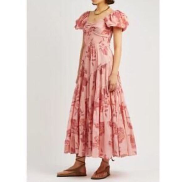 NWT Free People Sundrenched Short Sleeve Maxi Dress in pink combo cotton M - Picture 5 of 14